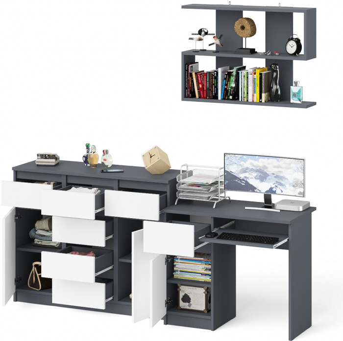 Мори Стол компьютерный МС-1 левый + Комод МК1200.4 + Полка 900, цвет графит/белый, ШхГхВ 210,4х50х209,6 см., НЕ универсальная сборка