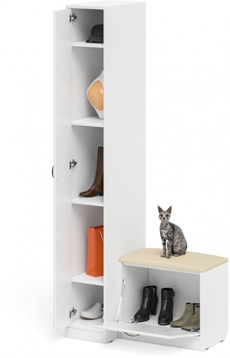 Прихожая П-6 Компоновка № 39, цвет белая шагрень/фасады МДФ белое дерево фрезеровка ромб, ШхГхВ 90х50х210 см., универсальная сборка