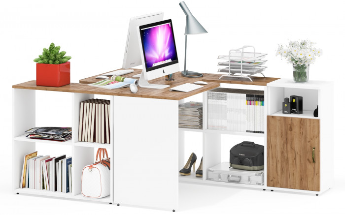 Лидер-8 Стол + Стол + Тумба МД 3.19, белый шагрень/крафт золото