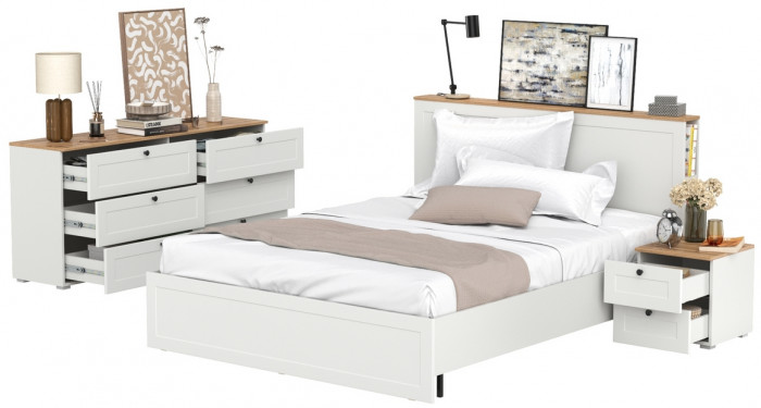 Остин 11.53 Кровать + ортопед + 16.240 Комод + 16.152 Тумба прикроватная, белый шагрень/дуб крафт золотой