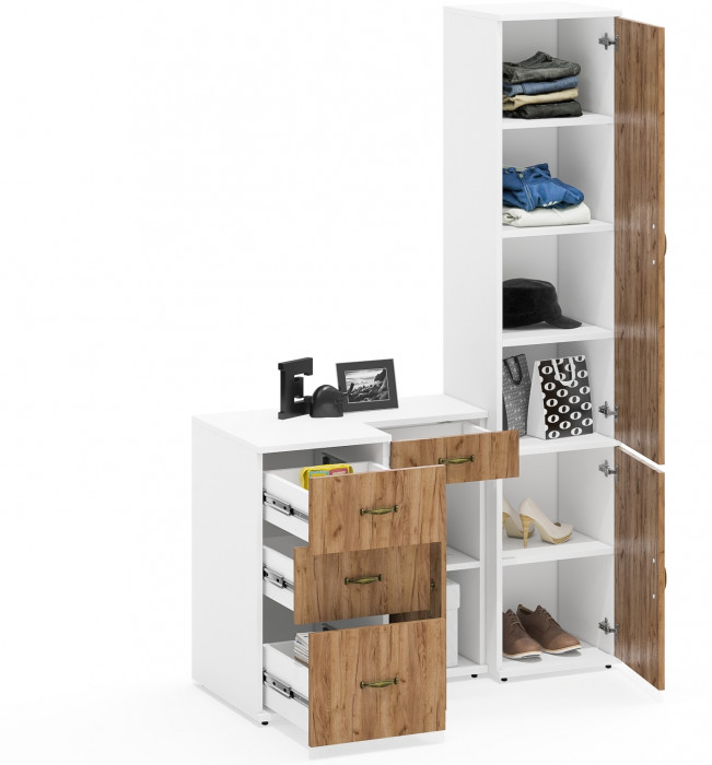 Лидер-8 Пенал МД 22Б + Тумба МД 3.15 + Тумба МД 3.16, цвет белый шагрень/крафт золото, ШхГхВ 120х50х190 см., универсальная сборка