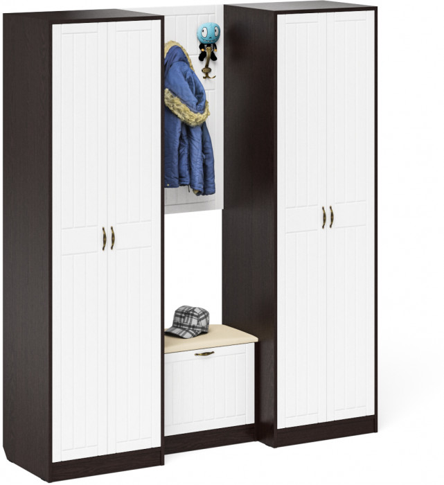 Прихожая П-6 Компоновка № 09, цвет венге/фасады МДФ белое дерево фрезеровка прованс, ШхГхВ 180х50х210 см., универсальная сборка