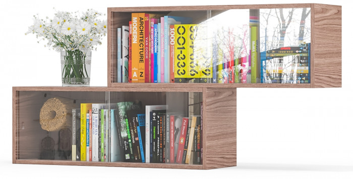 Две полки книжных С-МД-КН01, цвет ясень шимо тёмный, ШхГхВ размер каждой полки в отдельности: 83х25х30 см., стеклянные дверцы