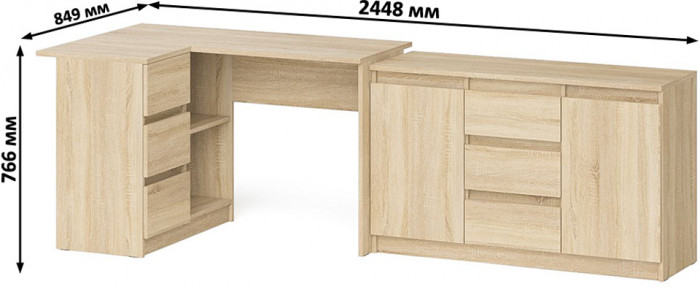 Мори Стол компьютерный МС-16 левый + Комод МК1200.3, цвет дуб сонома, ШхГхВ 244,8х84,9х76,6 см., выдвижные ящики слева, НЕ универсальная сборка