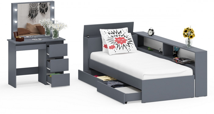 Ксения Кровать с ящиками 0900 + прикроватный блок + Столик с подсветкой Сура, графит