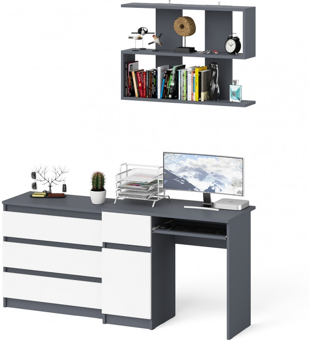 Мори компьютерный стол МС-1 левый + Комод МК800.1 + Полка 900, графит/белый