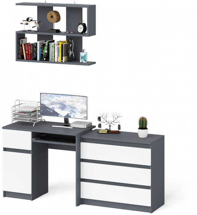 Мори компьютерный стол МС-1 левый + Комод МК800.1 + Полка 900, графит/белый