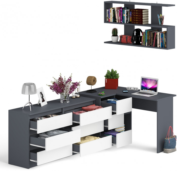 Мори компьютерный стол МС-16 левый + Комод МК1380.6 + Полка 1200, графит/белый