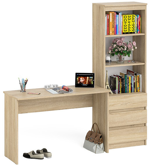 Мори Стол письменный МСП1200.1 + Стеллаж МСТ600.3, цвет дуб сонома, ШхГхВ 180,8х50х179,6 см., универсальная сборка