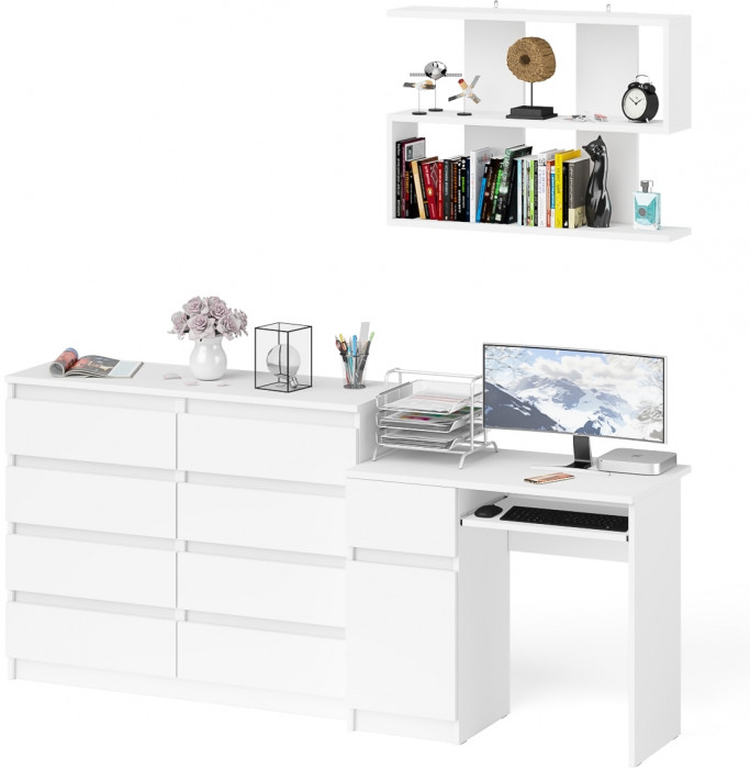 Мори компьютерный стол МС-1 левый + Комод МК1200.8 + Полка 900, белый