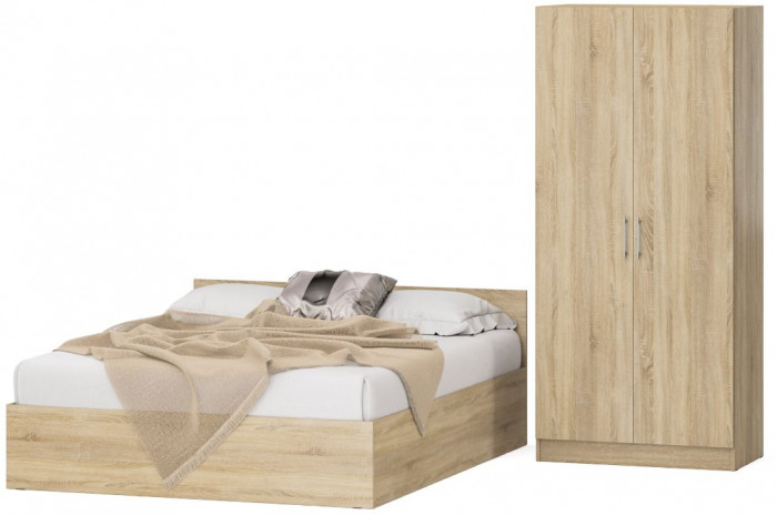 Кровать 1600 + Шкаф 2-х створчатый Стандарт, цвет дуб сонома, ШхГхВ 163,5х203,5х70 + 90х52х200 см., сп.м. 1600х2000 мм., без матраса, основание есть