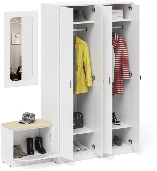 Прихожая П-6 Компоновка № 08, цвет белая шагрень/фасады МДФ белое дерево фрезеровка ромб, ШхГхВ 180х50х210 см., универсальная сборка