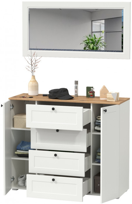 Остин 16.221 Комод + 17.03 Зеркало, белый шагрень/дуб крафт золотой