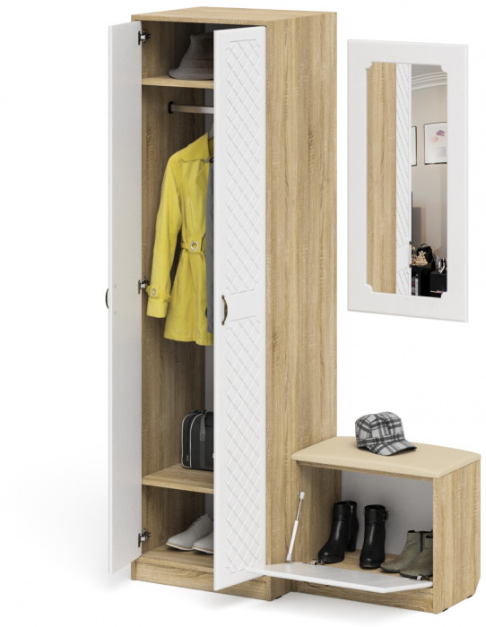 Прихожая П-6 Компоновка № 11, дуб сонома/фасады МДФ белое дерево фрезеровка ромб