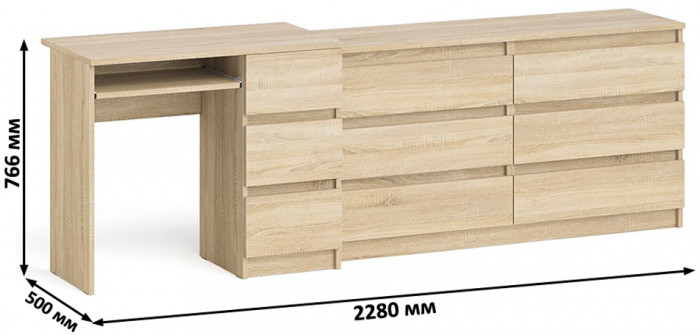 Мори компьютерный стол МС-6 правый + Комод МК1380.6, дуб сонома