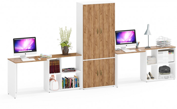 Лидер-8 Стол + Стол + Шкаф МД 20Б, цвет белый шагрень/крафт золото, ШхГхВ 410х50/37,5х75/190 или 230х160/50х75/190 см., НЕ универсальная сборка