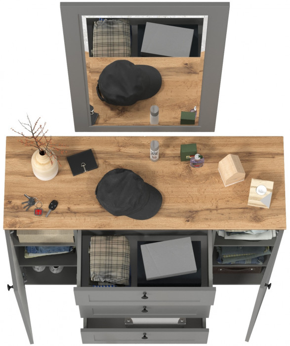 Остин 16.221 Комод + 17.03 Зеркало, серый графит/дуб крафт золотой