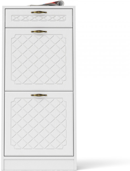 Прихожая П-6 Тумба для обуви 2 секции, белая шагрень/фасады МДФ белое дерево фрезеровка ромб