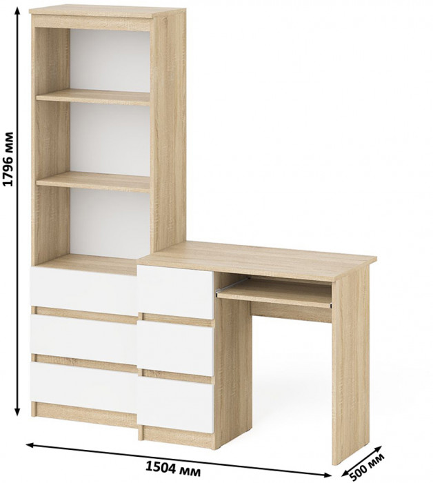 Мори компьютерный стол МС-6 левый + Стеллаж МСТ600.3, дуб сонома/белый
