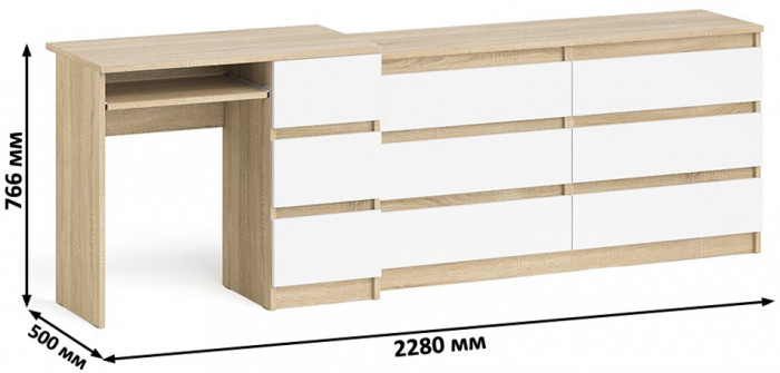 Мори компьютерный стол МС-6 правый + Комод МК1380.6, дуб сонома/белый