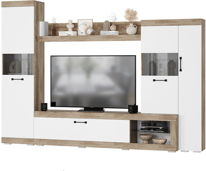 Стенка в гостиную Тесла ГС-01, дуб каньон/белый