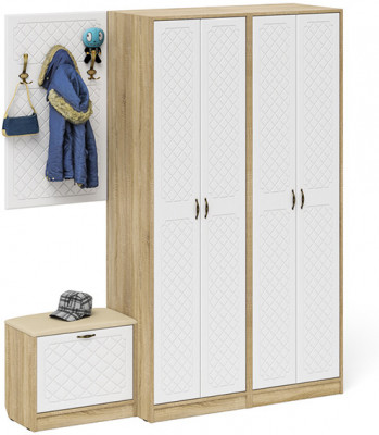 Прихожая П-6 Компоновка № 09, цвет дуб сонома/фасады МДФ белое дерево фрезеровка ромб, ШхГхВ 180х50х210 см., универсальная сборка