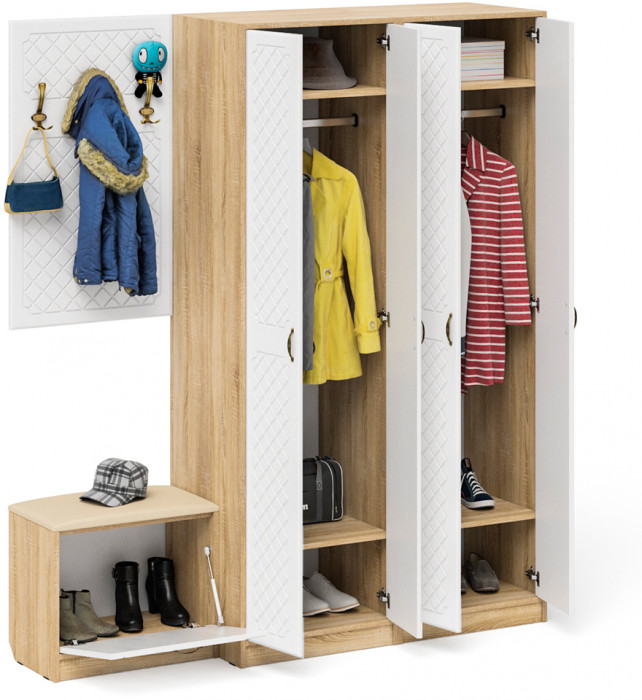 Прихожая П-6 Компоновка № 09, цвет дуб сонома/фасады МДФ белое дерево фрезеровка ромб, ШхГхВ 180х50х210 см., универсальная сборка