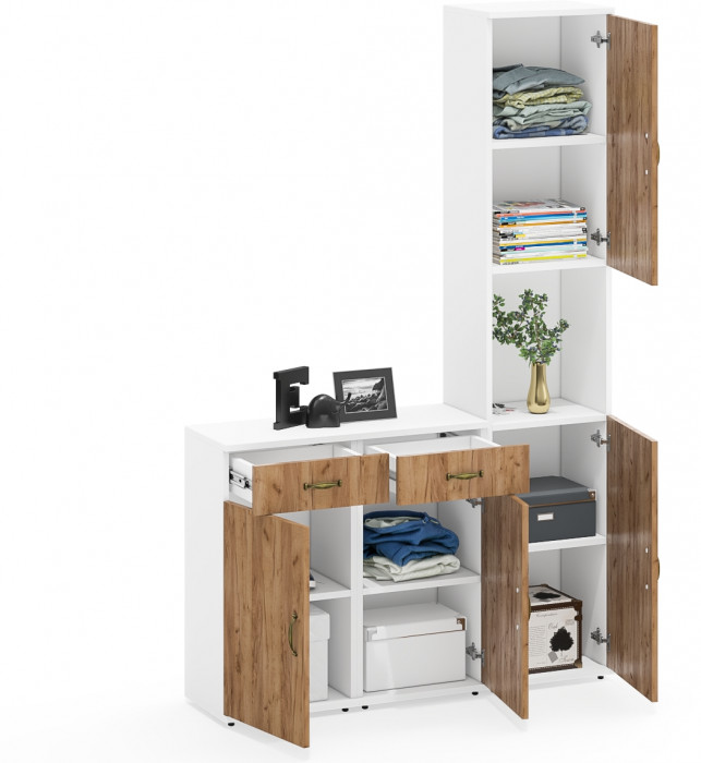 Лидер-8 Пенал + Тумба МД 3.15 + Тумба МД 3.15, белый шагрень/крафт золото