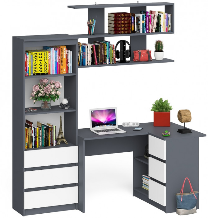 Мори компьютерный стол МС-16 правый + Стеллаж МСТ600.3 + Полка 1200, графит/белый