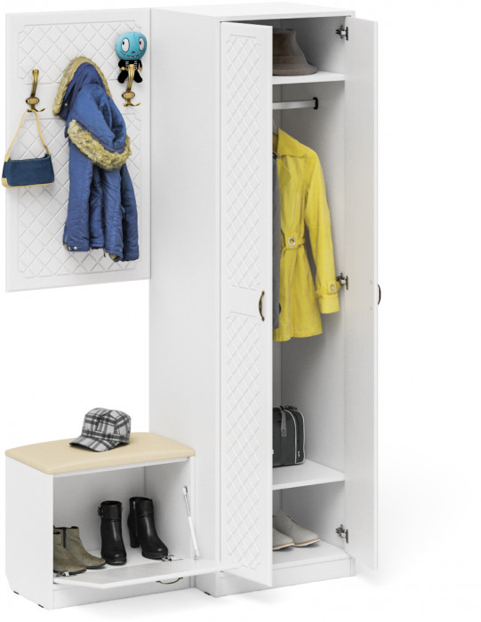 Прихожая П-6 Компоновка № 12, белая шагрень/фасады МДФ белое дерево фрезеровка ромб