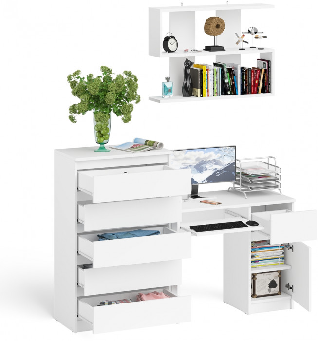 Мори компьютерный стол МС-1 правый + Комод МК700.5 + Полка 900, белый