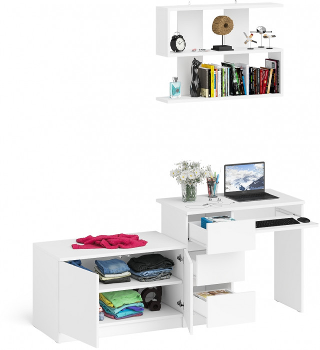 Мори компьютерный стол МС-6 левый + Тумба МА900.1 + Полка 900, белый