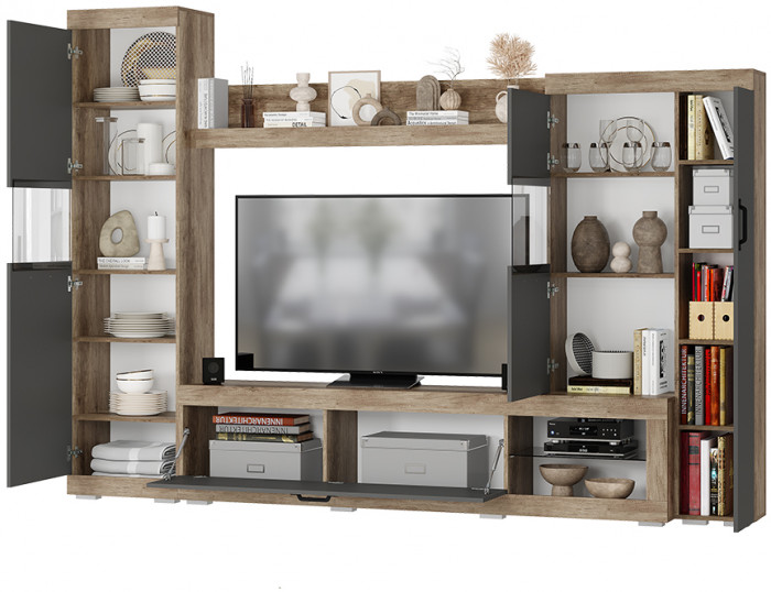 Стенка в гостиную Тесла ГС-01, дуб каньон/графит