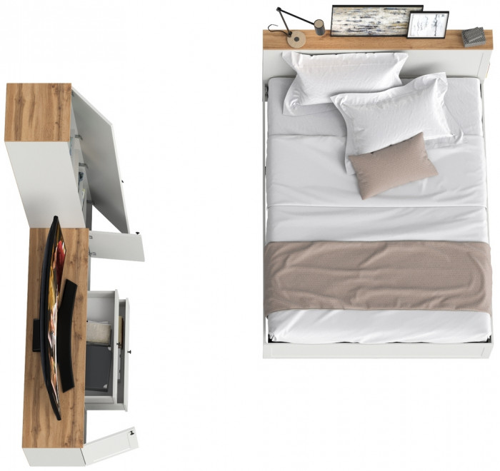 Остин 11.53 Кровать + ортопед + 13.227 Шкаф-пенал + 16.47 Тумба под ТВ, белый шагрень/дуб крафт золотой
