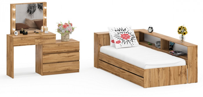 Ксения Кровать с ящиками 0900 + прикроватный блок + Столик с подсветкой 110, дуб вотан