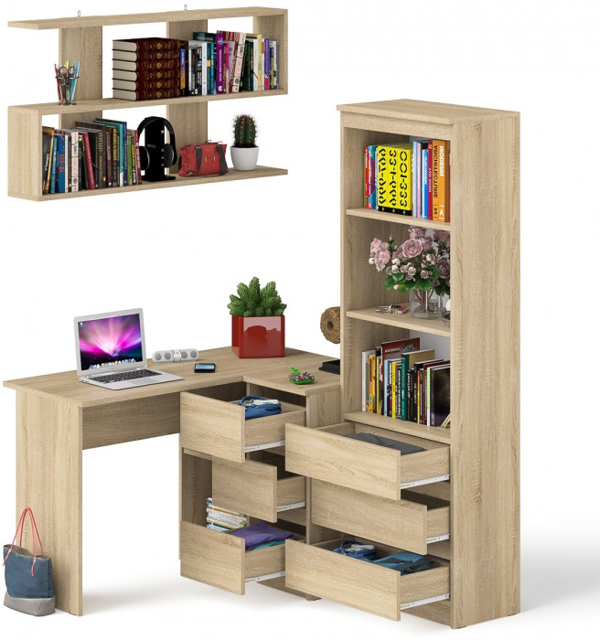 Мори компьютерный стол МС-16 правый + Стеллаж МСТ600.3 + Полка 1200, дуб сонома
