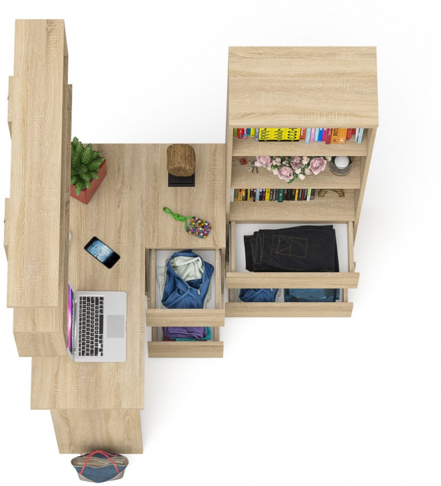 Мори компьютерный стол МС-16 правый + Стеллаж МСТ600.3 + Полка 1200, дуб сонома