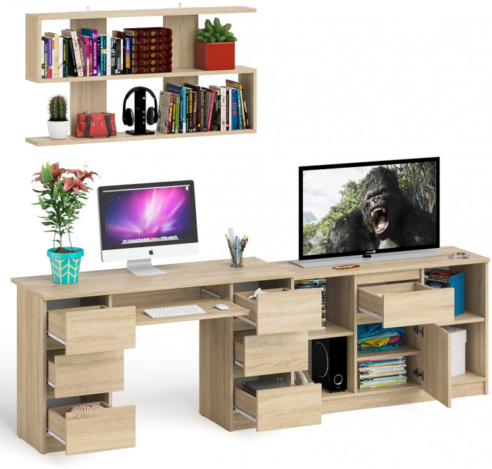 Мори компьютерный стол МС-2 + Тумба МТВ1204.1 + Полка 1200, дуб сонома