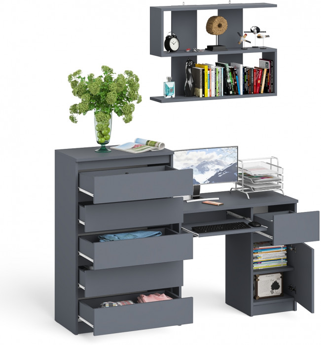 Мори компьютерный стол МС-1 правый + Комод МК700.5 + Полка 900, графит
