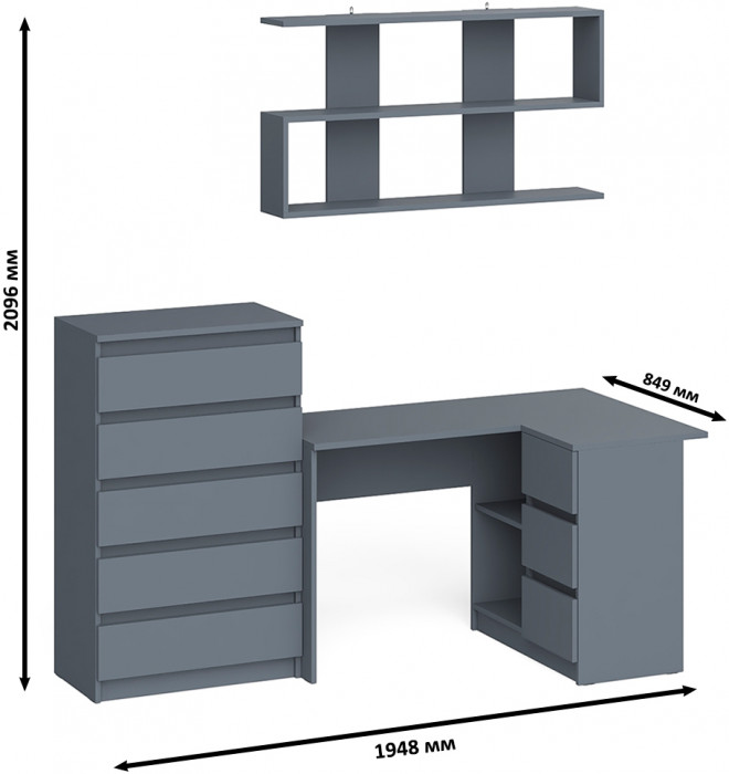 Мори компьютерный стол МС-16 правый + Комод МК700.5 + Полка 1200, графит
