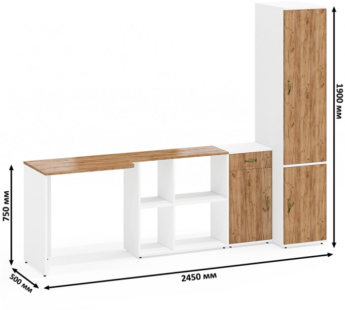 Лидер-8 Стол + Тумба МД 3.15 + Пенал МД 23Б, цвет белый шагрень/крафт золото, ШхГхВ 245х50/37,5х75/190 или 115х160/50х75/190 см., НЕ ун. сборка