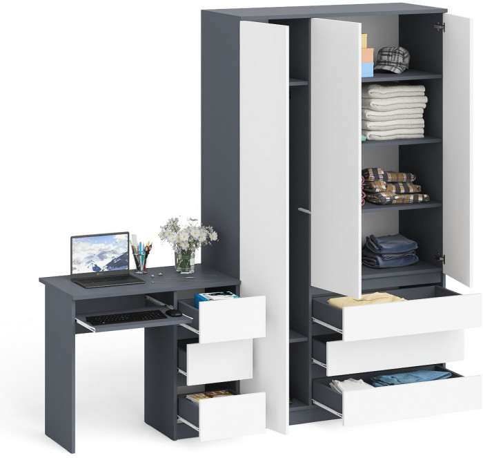 Мори Стол компьютерный МС-6 правый + Шкаф МШ1200.1, цвет графит/белый, ШхГхВ 210,4х50,4х209,6 см., выдвижные ящики справа, НЕ универсальная сборка