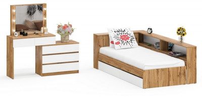 Ксения Кровать с ящиками 0900 + прикроватный блок + Столик с подсветкой 110, дуб вотан/белый