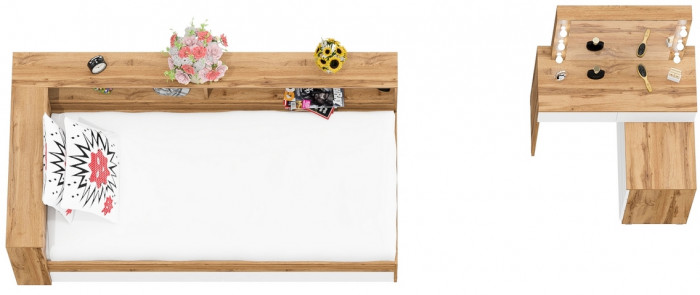 Ксения Кровать с ящиками 0900 + прикроватный блок + Столик с подсветкой 110, дуб вотан/белый