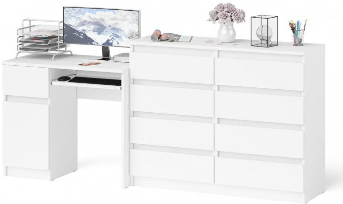 Мори компьютерный стол МС-1 левый + Комод МК1200.8, белый