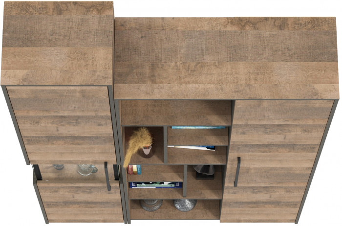 Трувор 13.205 Шкаф-пенал с витриной + 13.206 Шкаф-стеллаж, цвет дуб гранж песочный/интра, ШхГхВ 137,8х37х210 см., универсальная сборка