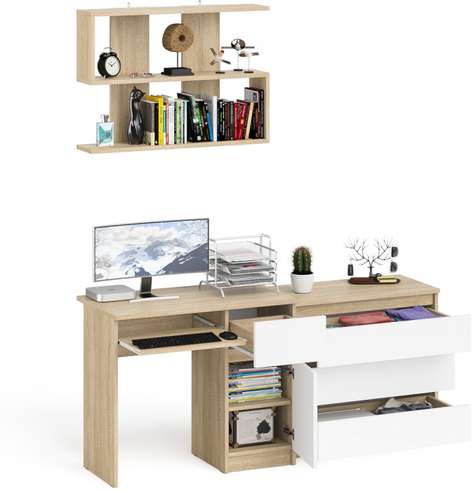 Мори компьютерный стол МС-1 правый + Комод МК800.1 + Полка 900, дуб сонома/белый
