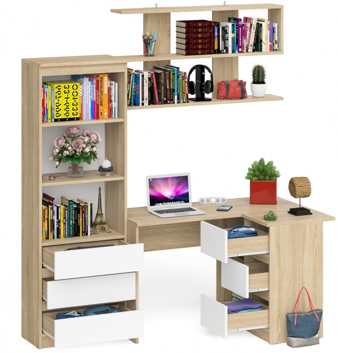 Мори компьютерный стол МС-16 правый + Стеллаж МСТ600.3 + Полка 1200, дуб сонома/белый