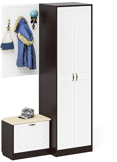 Прихожая П-6 Компоновка № 12, венге/фасады МДФ белое дерево фрезеровка ромб