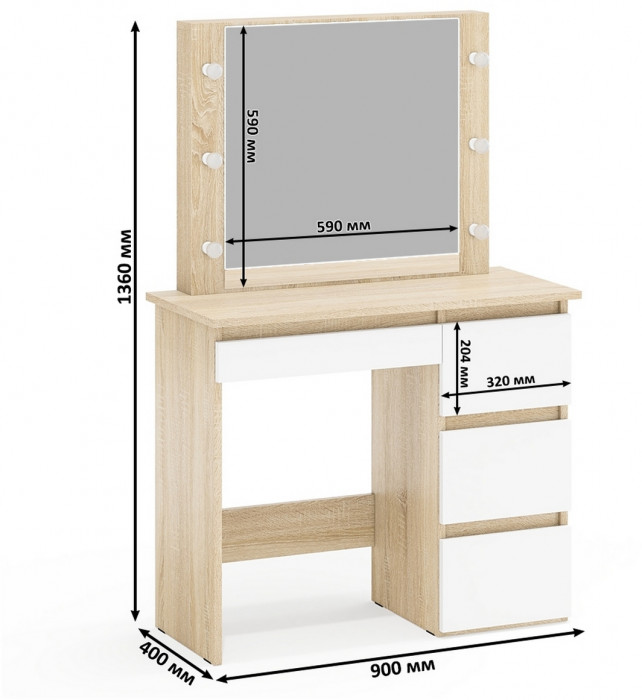 Ксения Кровать с ящиками 0900 + прикроватный блок + Столик с подсветкой Сура, дуб сонома/белый
